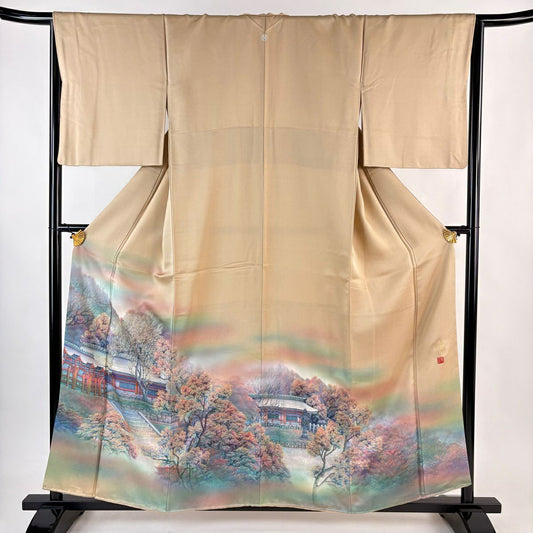 【美品】 留袖禮服禮服 身長157cm 袖長65cm M 雙層 落款あり 建物 樹木 金銀彩 漸層 薄茶 純蠶絲 秀品級 一つ紋