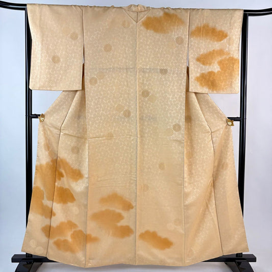 付下 身長159.5cm 袖長64.5cm M 雙層 菊花 霞 金絲 米色 純蠶絲 優品級
