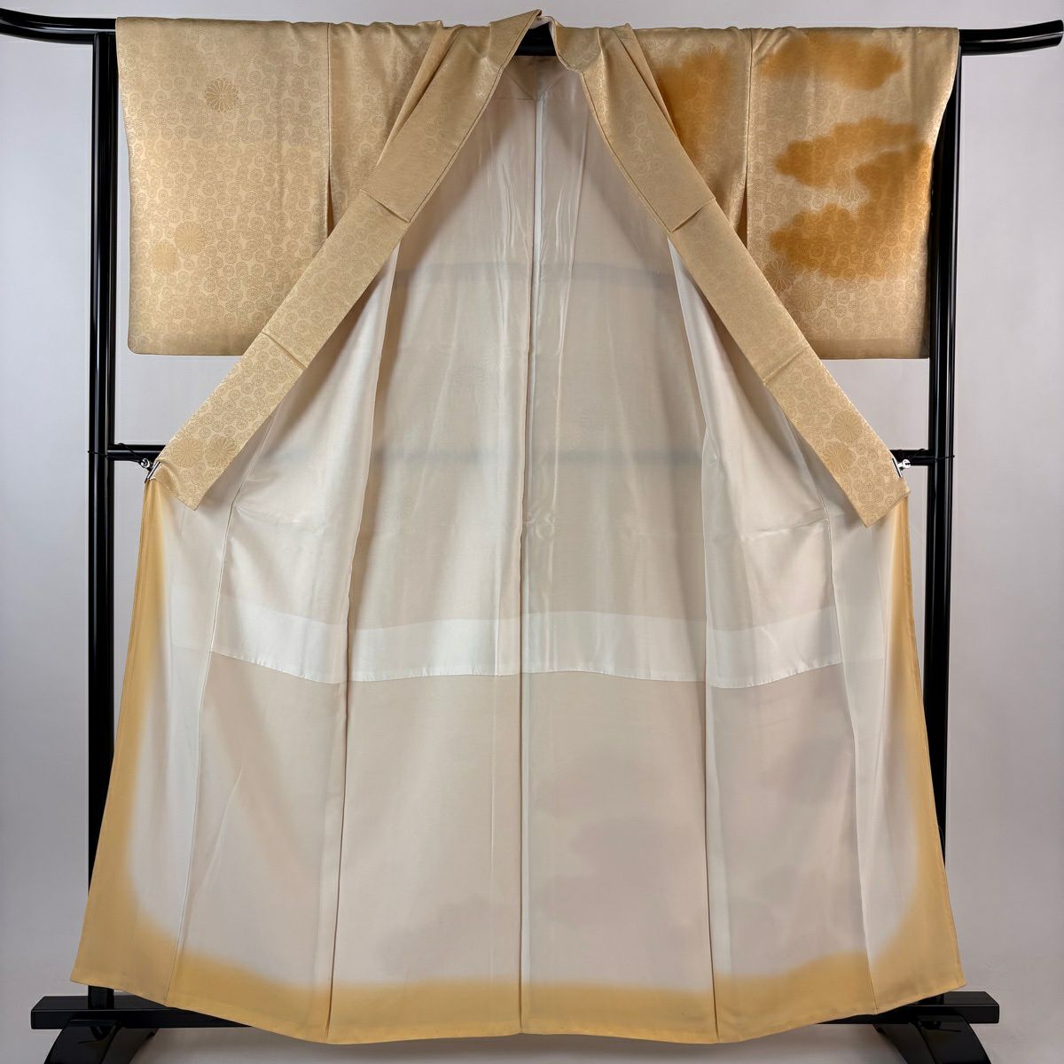 付下 身長159.5cm 袖長64.5cm M 雙層 菊花 霞 金絲 米色 純蠶絲 優品級