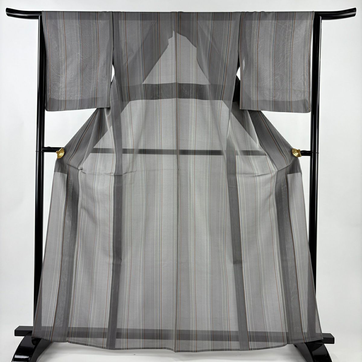 【美品】 紬織 身長164cm 袖長64cm M 薄物 夏紬織 垂直條紋 灰色 純蠶絲 秀品級