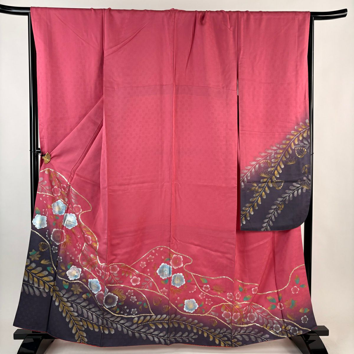 振袖禮服 身長162cm 袖長68.5cm L 雙層 草花紋紋 流水 金銀彩 漸層 粉紅 純蠶絲 優品級