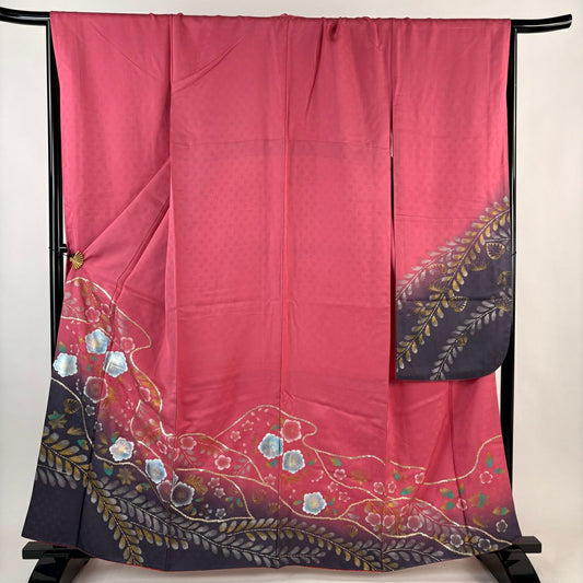 振袖禮服 身長162cm 袖長68.5cm L 雙層 草花紋紋 流水 金銀彩 漸層 粉紅 純蠶絲 優品級