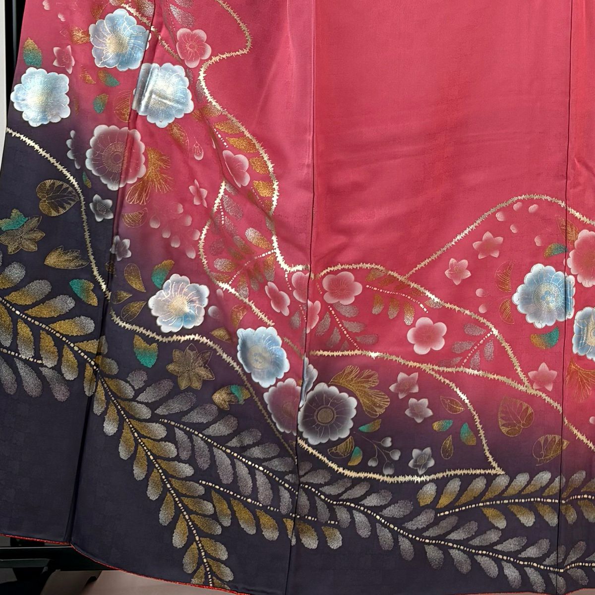 振袖禮服 身長162cm 袖長68.5cm L 雙層 草花紋紋 流水 金銀彩 漸層 粉紅 純蠶絲 優品級