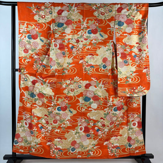 振袖禮服 身長159.5cm 袖長64cm M 雙層 菊花 雲紋 金絲 金通し 橙色 純蠶絲 秀品級