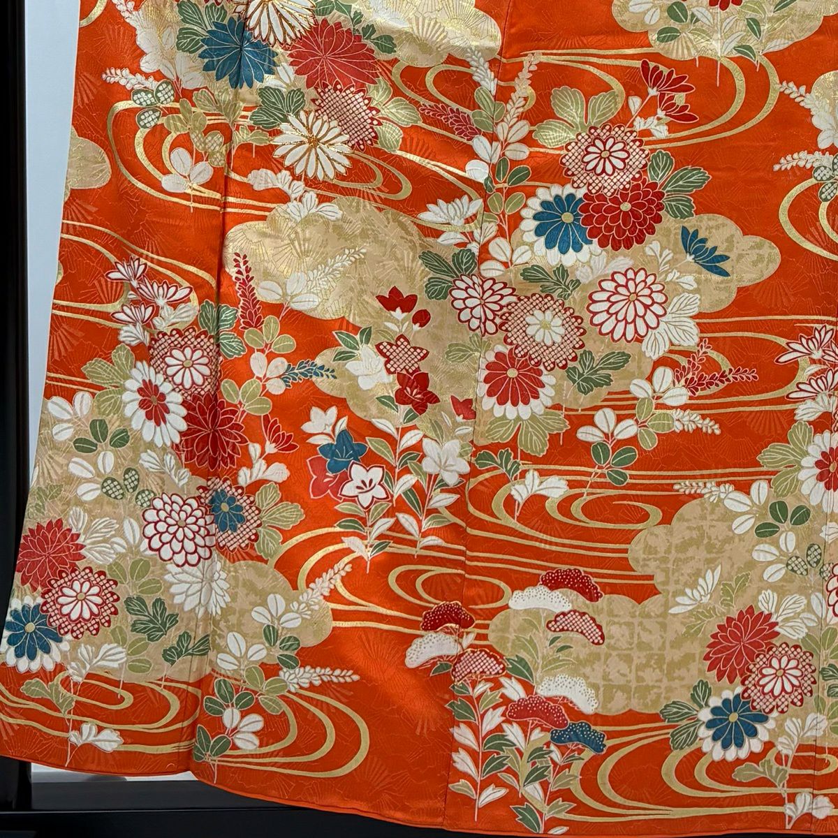 振袖禮服 身長159.5cm 袖長64cm M 雙層 菊花 雲紋 金絲 金通し 橙色 純蠶絲 秀品級
