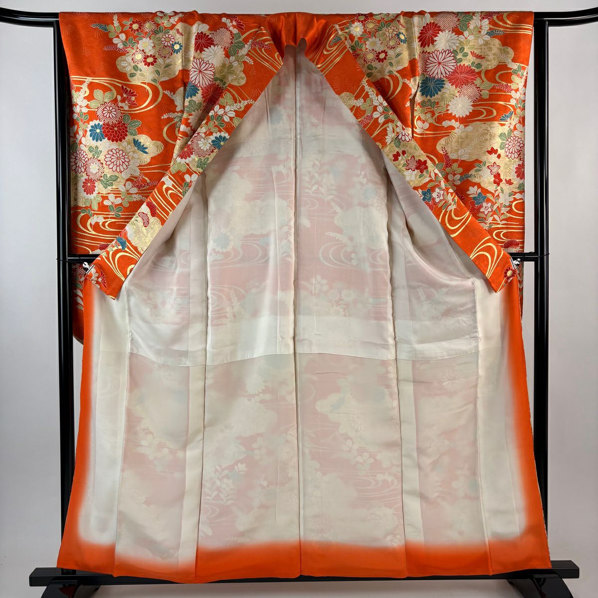 振袖禮服 身長159.5cm 袖長64cm M 雙層 菊花 雲紋 金絲 金通し 橙色 純蠶絲 秀品級