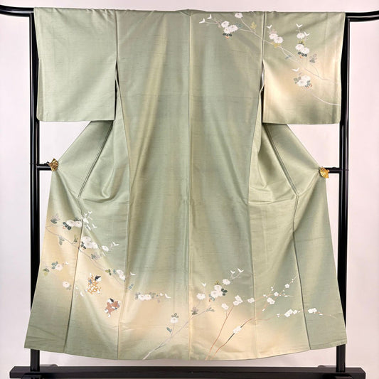 訪問服 身長151cm 袖長65.5cm M 雙層 紬織織 童 枝花 漸層 薄綠 純蠶絲 秀品級