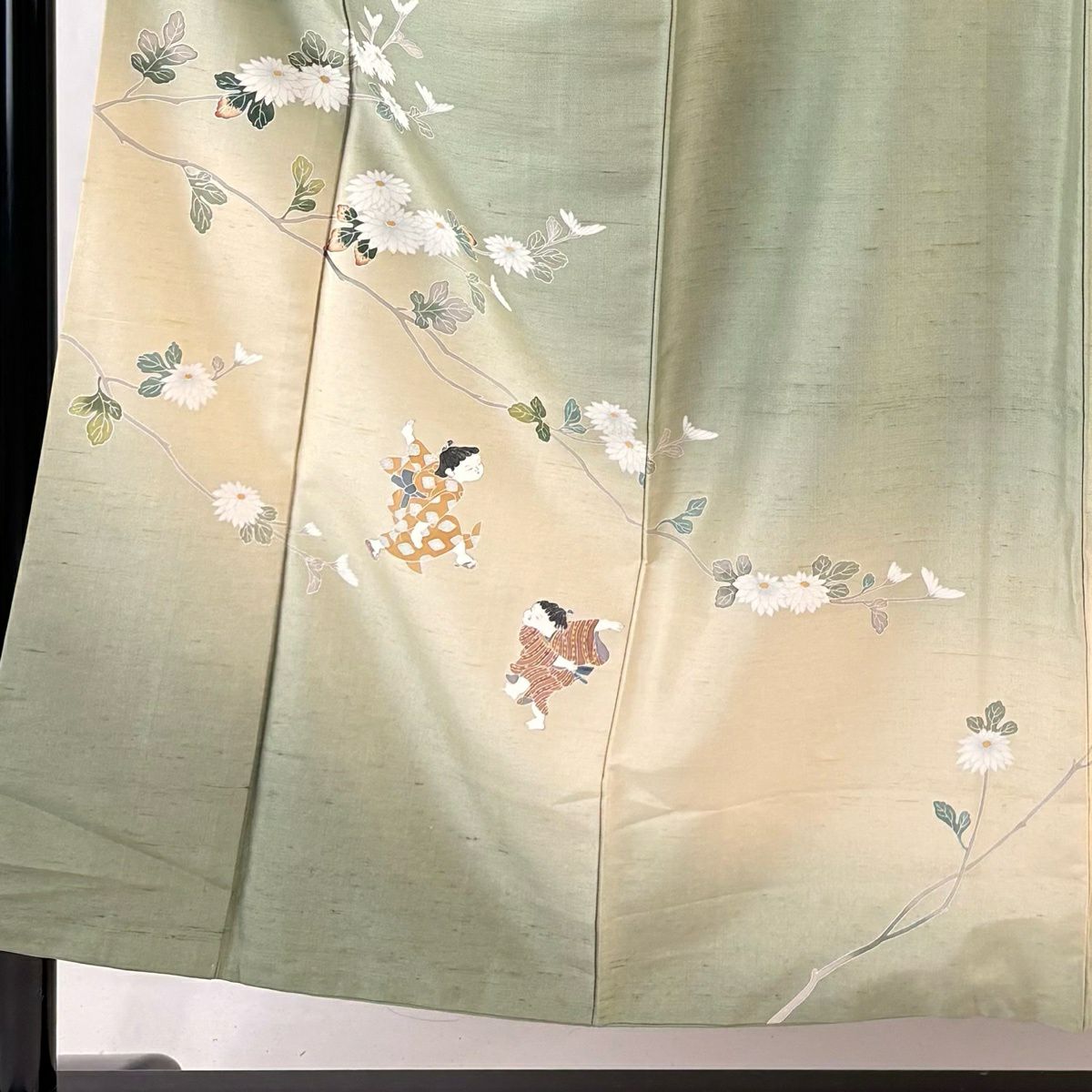 訪問服 身長151cm 袖長65.5cm M 雙層 紬織織 童 枝花 漸層 薄綠 純蠶絲 秀品級