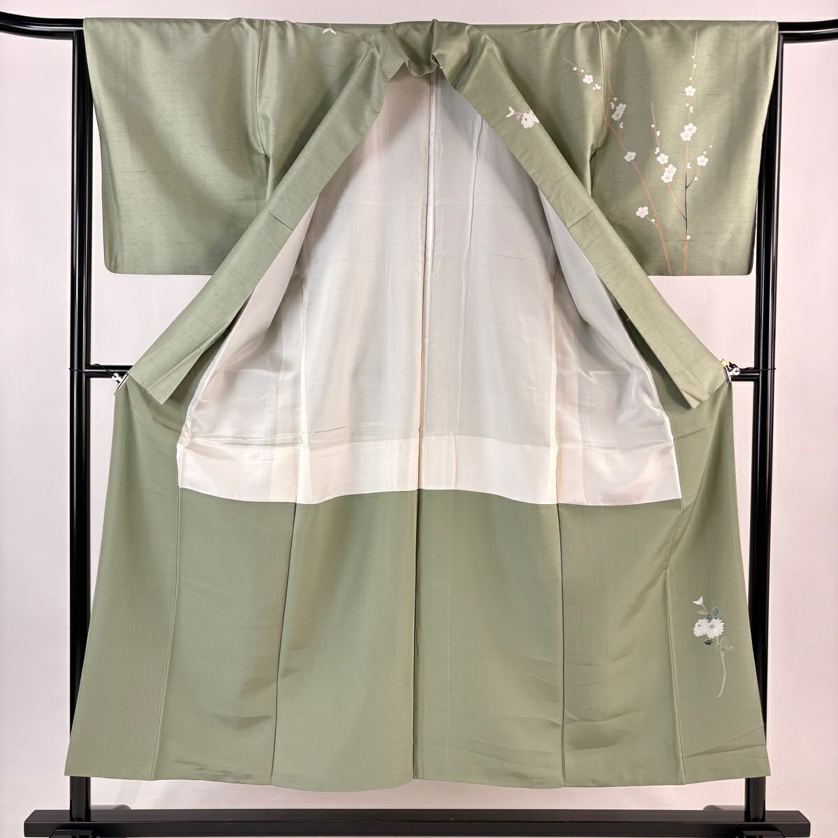 訪問服 身長151cm 袖長65.5cm M 雙層 紬織織 童 枝花 漸層 薄綠 純蠶絲 秀品級