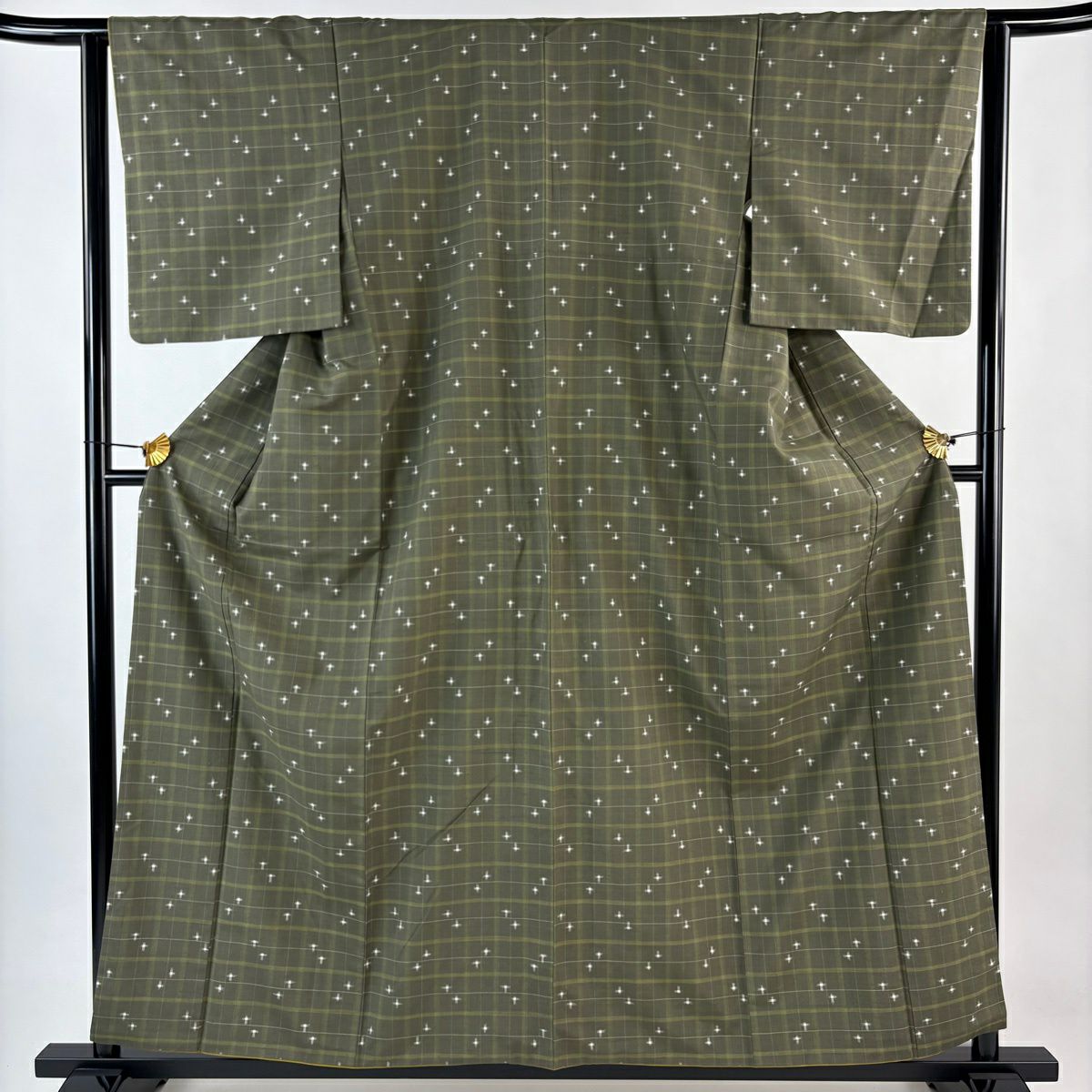 【美品】 紬織 身長158.5cm 袖長62cm S 雙層 十字絣 格子 茶綠 純蠶絲 秀品級