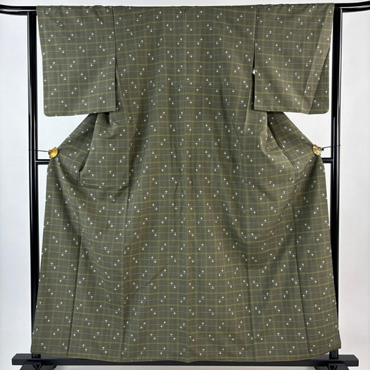 【美品】 紬織 身長158.5cm 袖長62cm S 雙層 十字絣 格子 茶綠 純蠶絲 秀品級