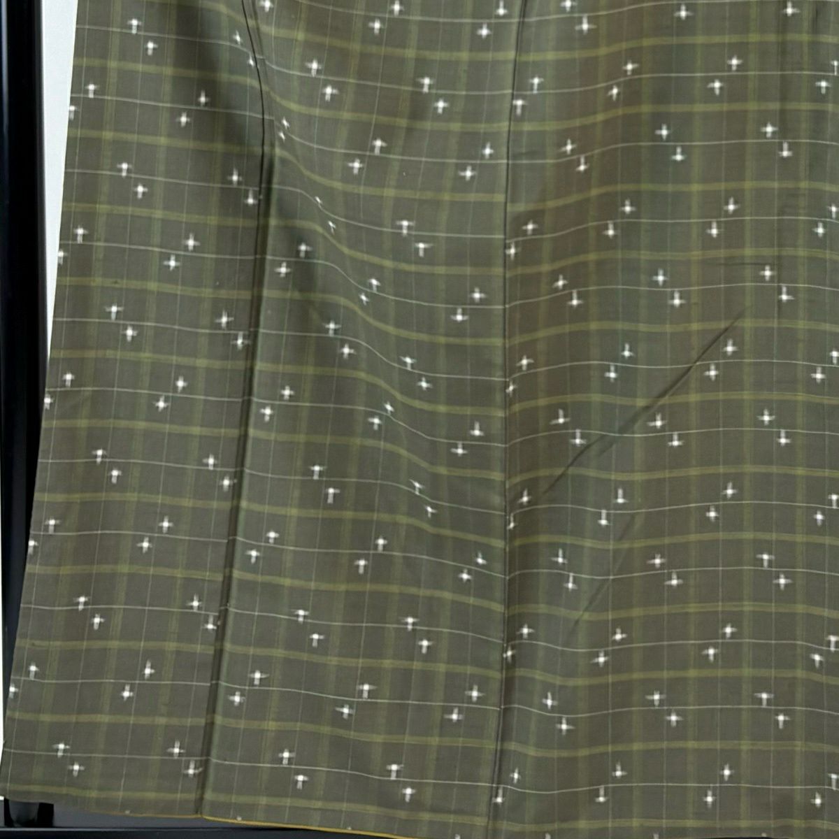 【美品】 紬織 身長158.5cm 袖長62cm S 雙層 十字絣 格子 茶綠 純蠶絲 秀品級