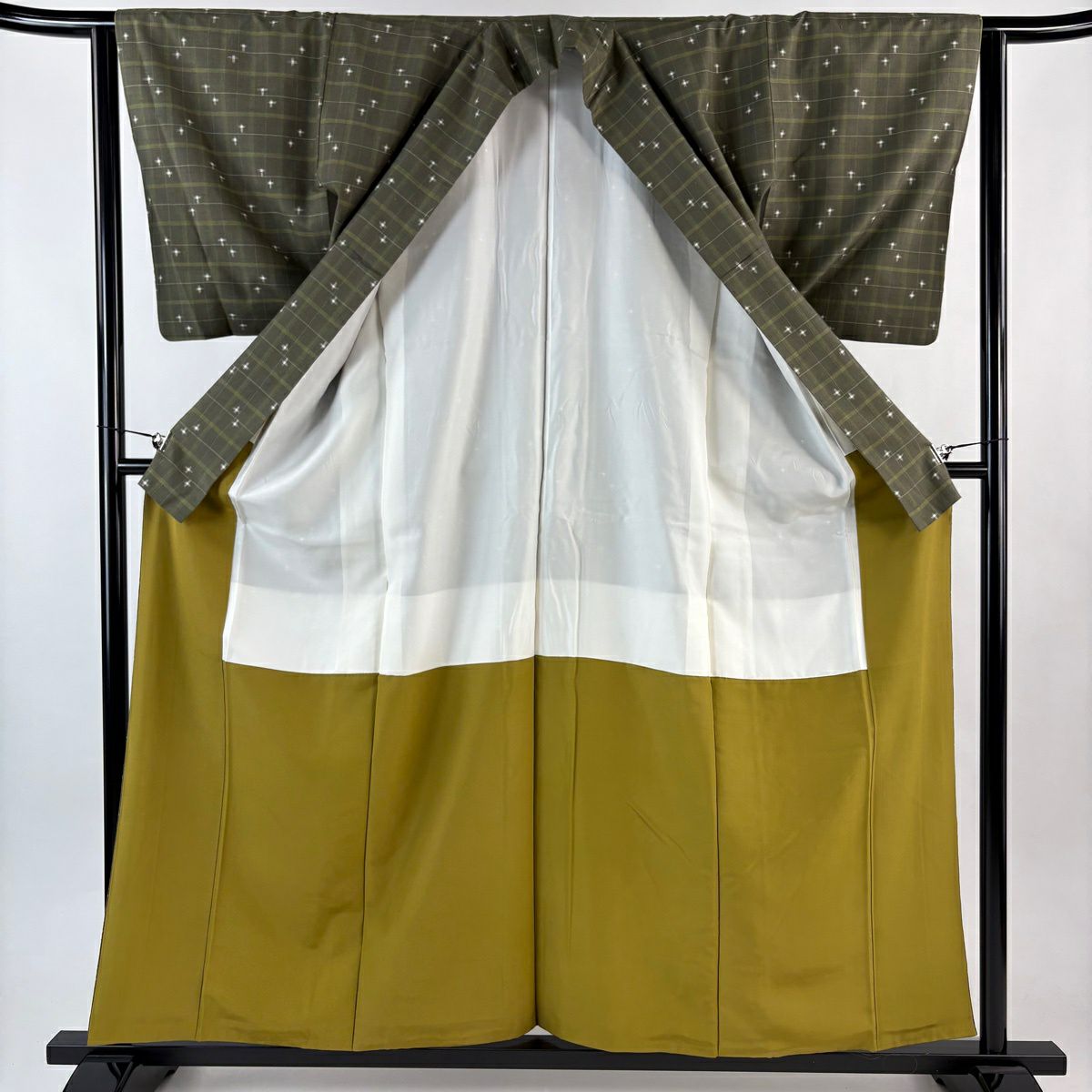 【美品】 紬織 身長158.5cm 袖長62cm S 雙層 十字絣 格子 茶綠 純蠶絲 秀品級