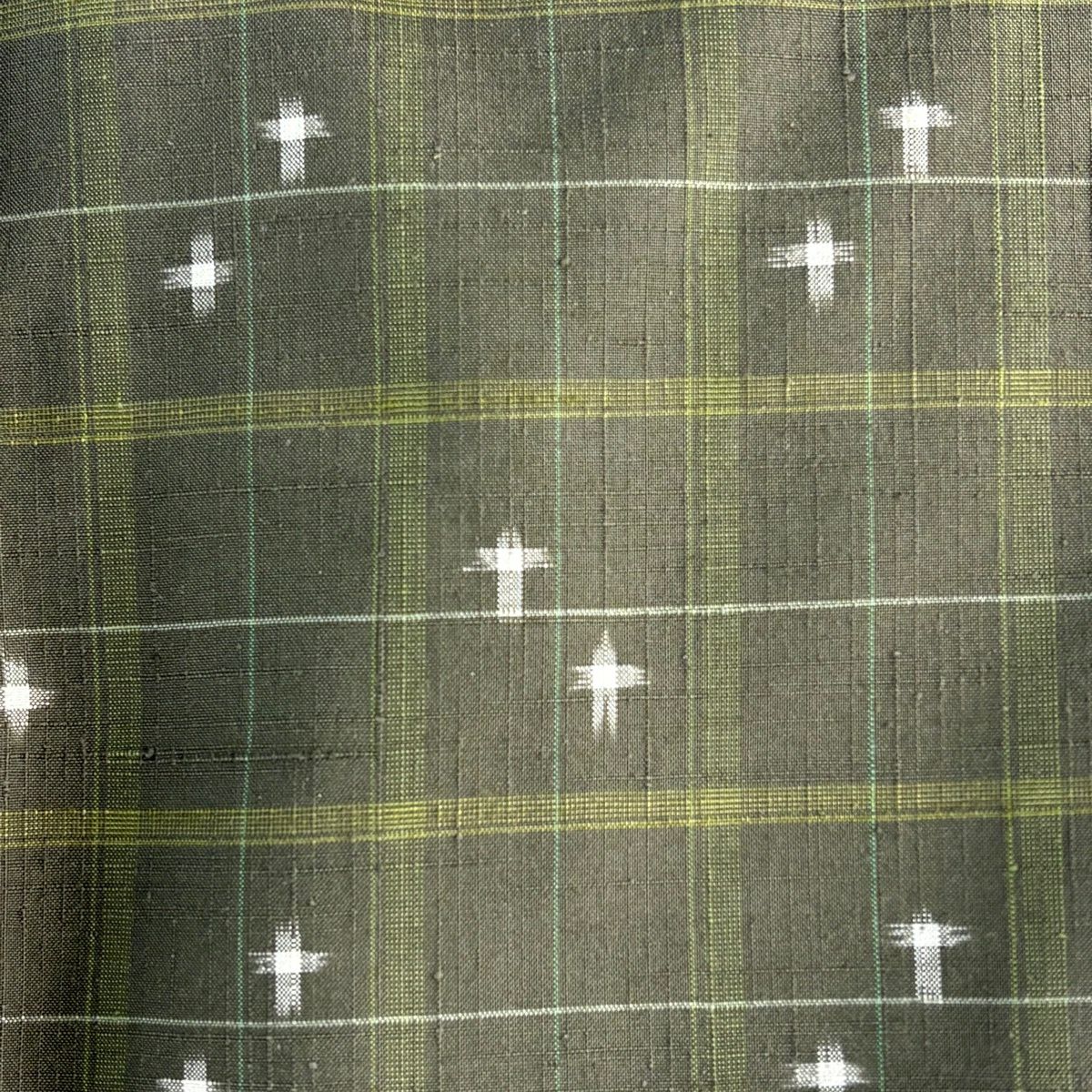 【美品】 紬織 身長158.5cm 袖長62cm S 雙層 十字絣 格子 茶綠 純蠶絲 秀品級