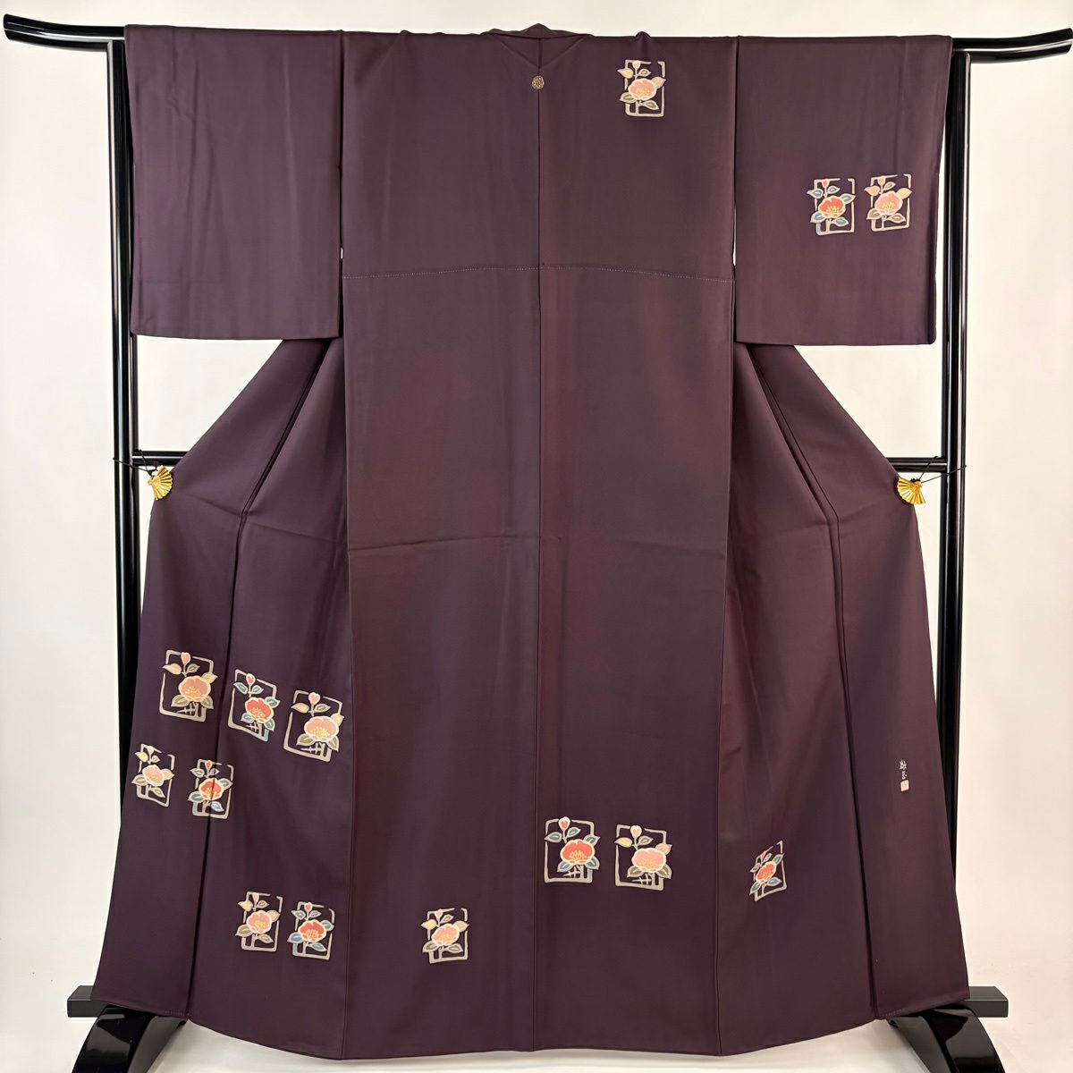 付下 身長163cm 袖長65cm M 雙層 落款 草花紋 金絲 金銀彩 茶紫 純蠶絲 秀品級 一つ紋
