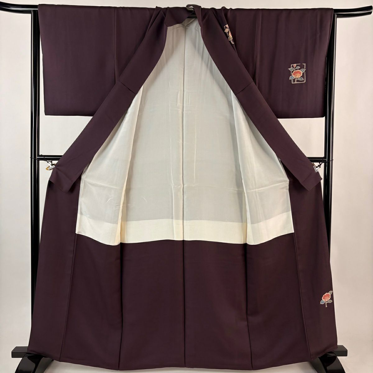 付下 身長163cm 袖長65cm M 雙層 落款 草花紋 金絲 金銀彩 茶紫 純蠶絲 秀品級 一つ紋