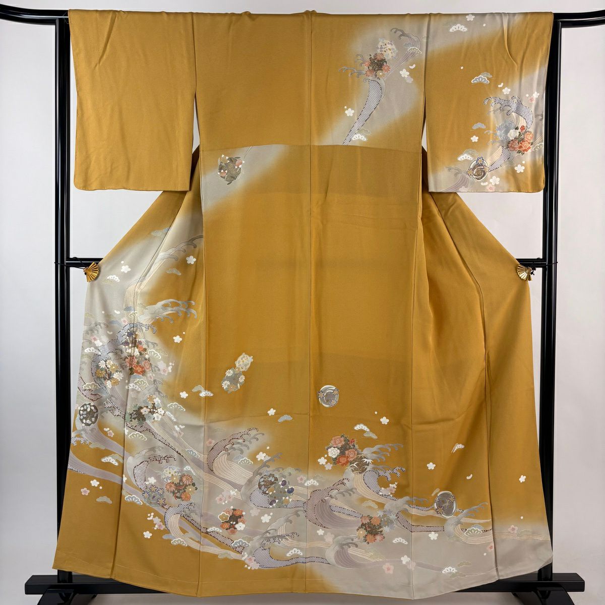 訪問服 身長159cm 袖長64cm M 雙層 草花紋紋 波頭 金糸 金銀彩 山吹 純蠶絲 秀品級