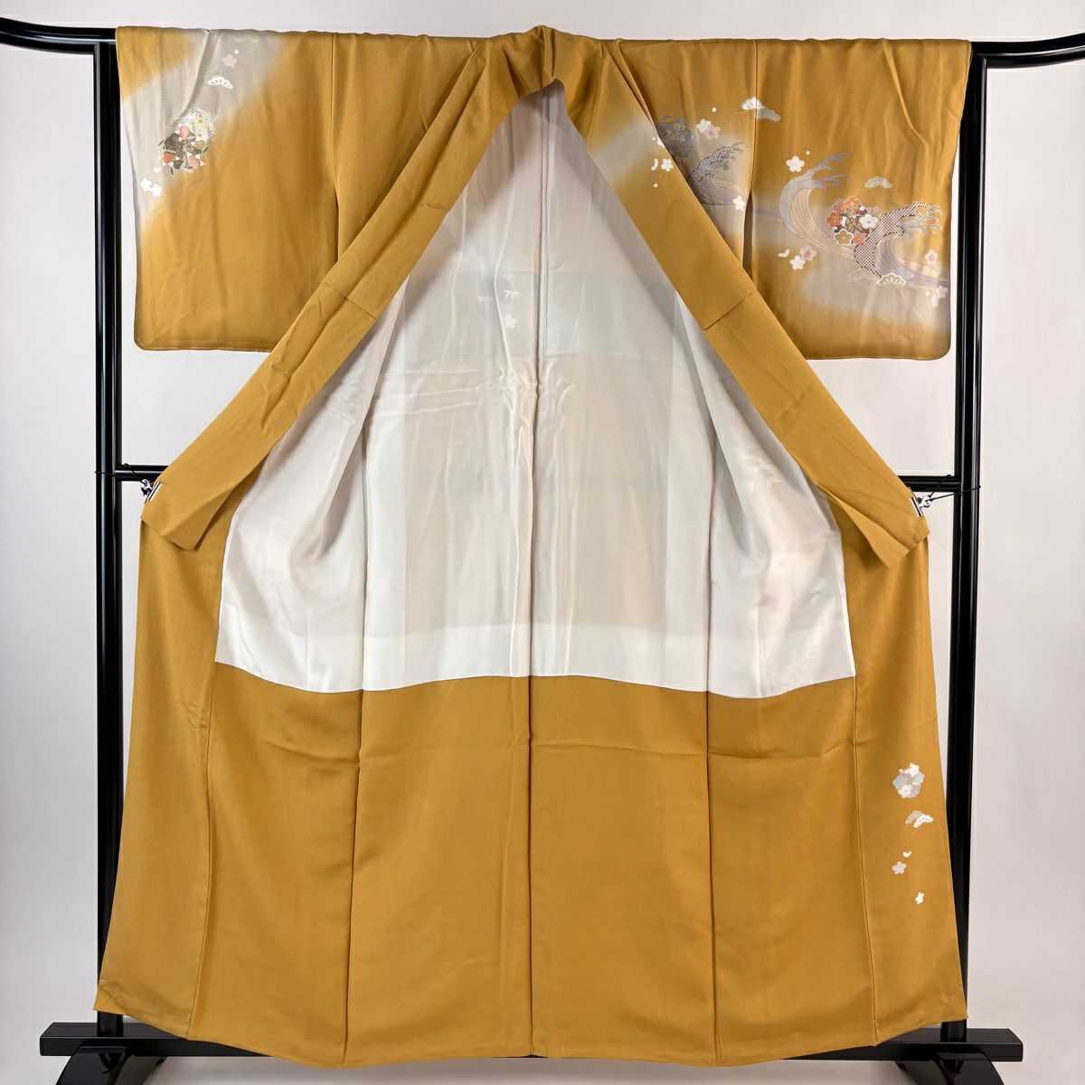 訪問服 身長159cm 袖長64cm M 雙層 草花紋紋 波頭 金糸 金銀彩 山吹 純蠶絲 秀品級