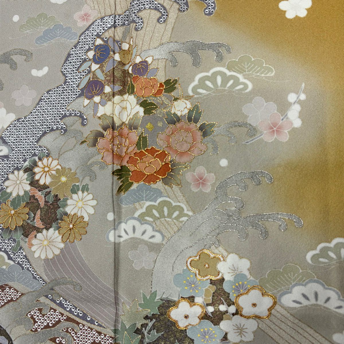 訪問服 身長159cm 袖長64cm M 雙層 草花紋紋 波頭 金糸 金銀彩 山吹 純蠶絲 秀品級