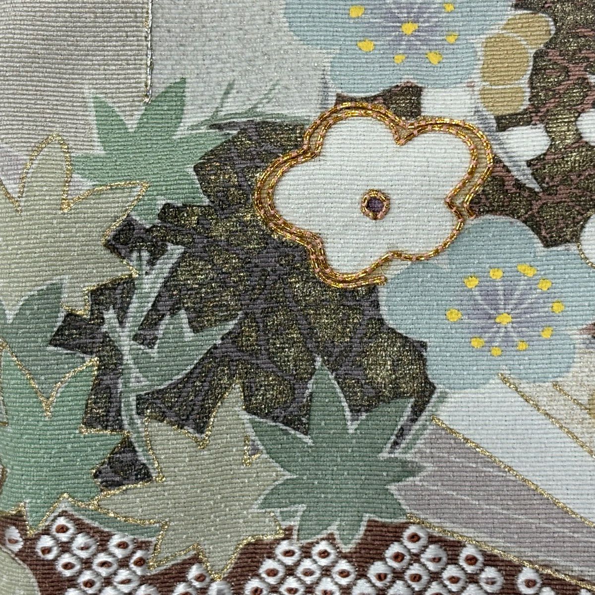 訪問服 身長159cm 袖長64cm M 雙層 草花紋紋 波頭 金糸 金銀彩 山吹 純蠶絲 秀品級