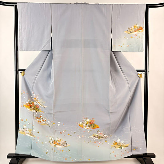 付下 身長161.5cm 袖長64cm M 雙層 扇子 菊花 染分 ぼかし 青灰 純蠶絲 優品級