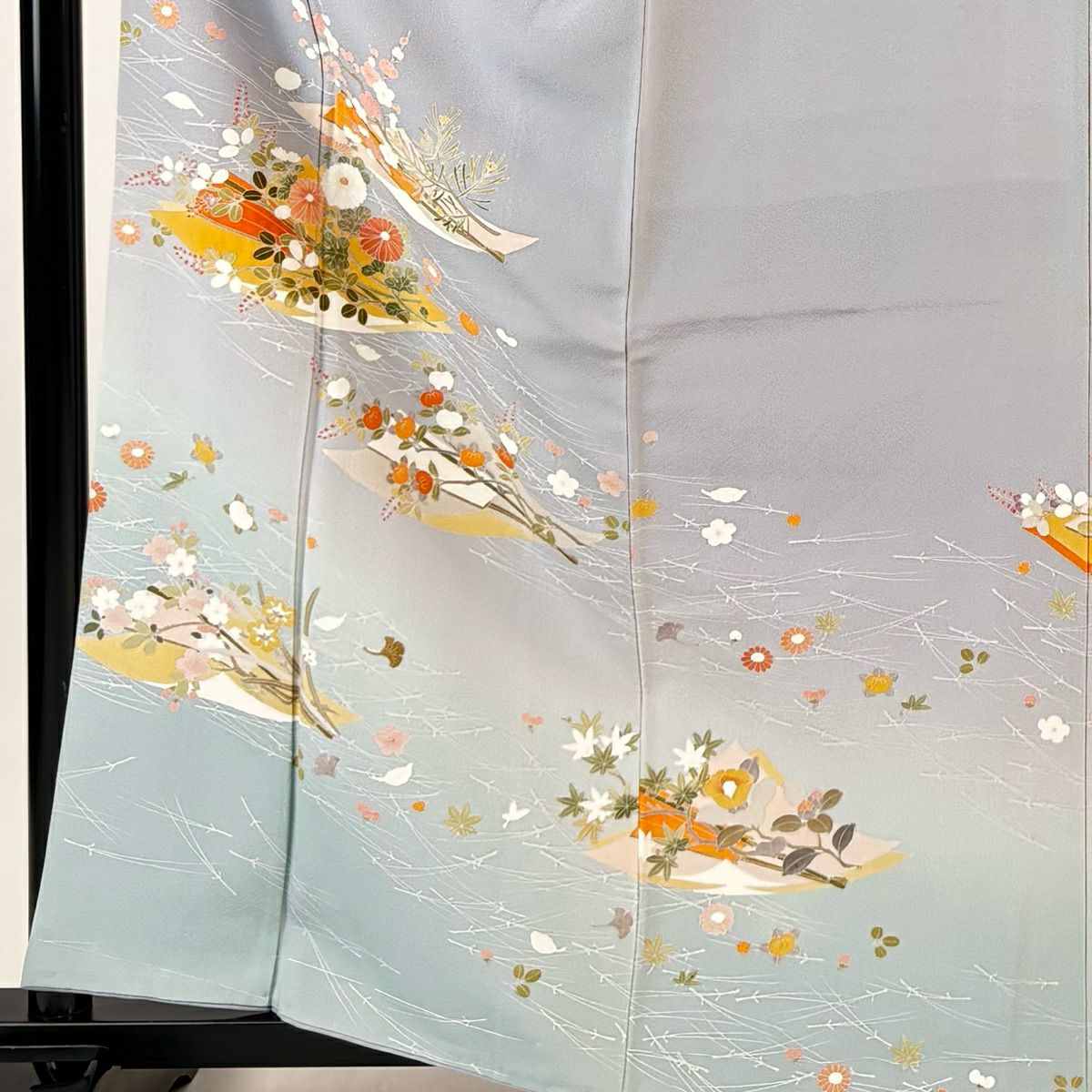 付下 身長161.5cm 袖長64cm M 雙層 扇子 菊花 染分 ぼかし 青灰 純蠶絲 優品級
