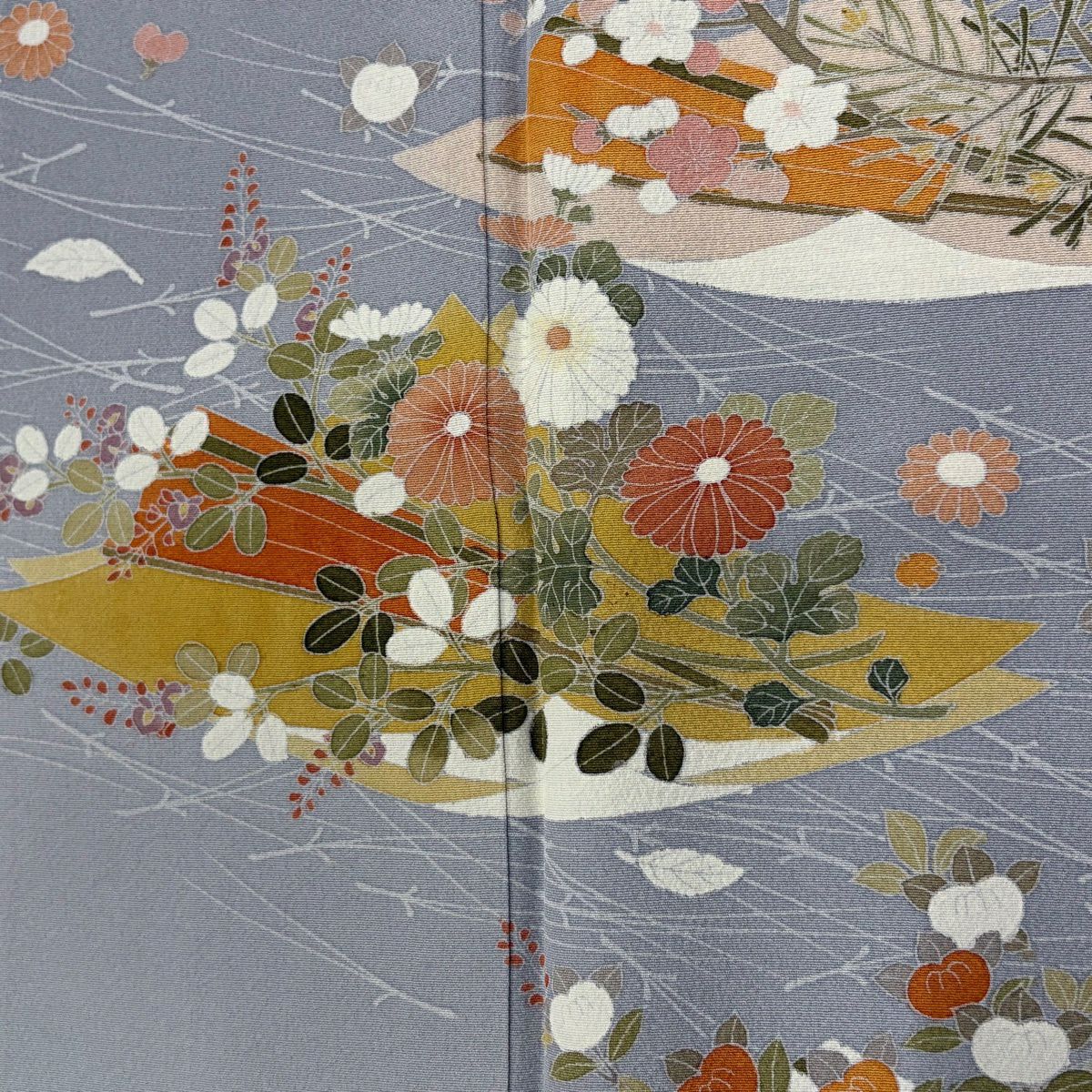 付下 身長161.5cm 袖長64cm M 雙層 扇子 菊花 染分 ぼかし 青灰 純蠶絲 優品級