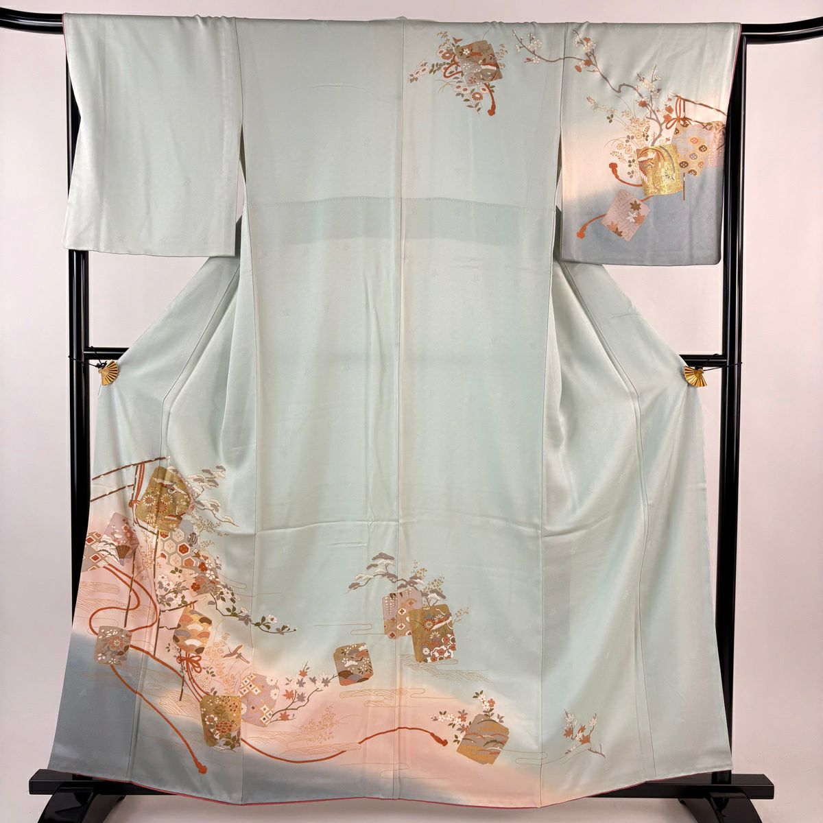 訪問服 身長159cm 袖長68cm L 雙層 破れ色紙 仙鶴 金彩裝飾 漸層 薄綠 純蠶絲 秀品級