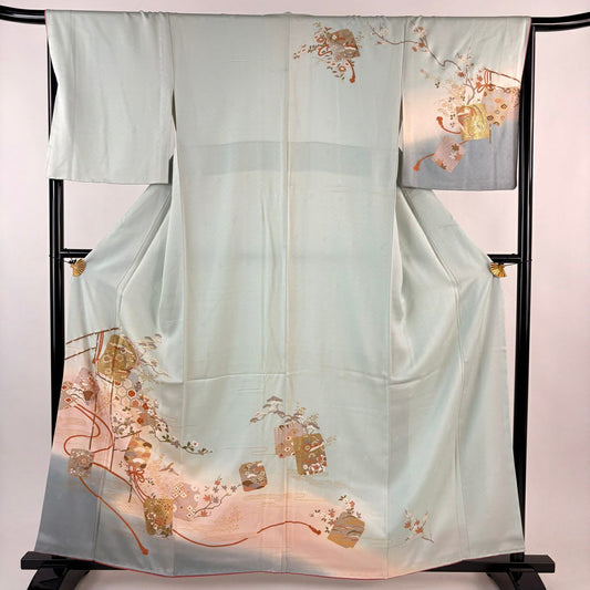 訪問服 身長159cm 袖長68cm L 雙層 破れ色紙 仙鶴 金彩裝飾 漸層 薄綠 純蠶絲 秀品級
