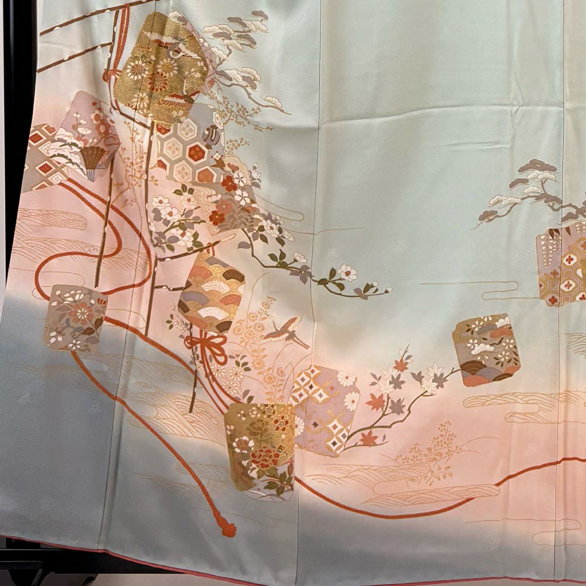 訪問服 身長159cm 袖長68cm L 雙層 破れ色紙 仙鶴 金彩裝飾 漸層 薄綠 純蠶絲 秀品級