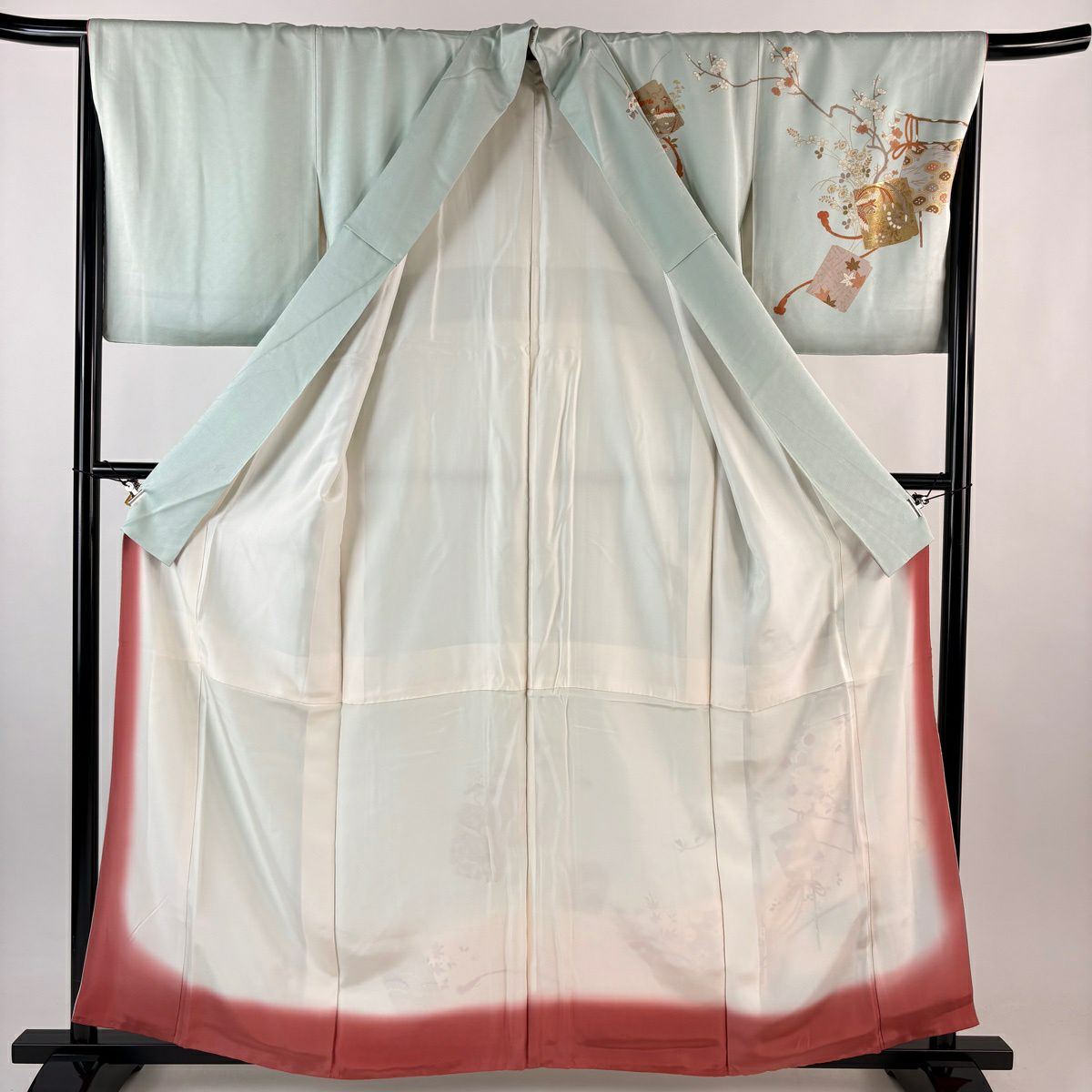 訪問服 身長159cm 袖長68cm L 雙層 破れ色紙 仙鶴 金彩裝飾 漸層 薄綠 純蠶絲 秀品級