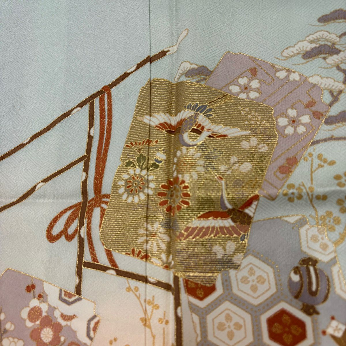 訪問服 身長159cm 袖長68cm L 雙層 破れ色紙 仙鶴 金彩裝飾 漸層 薄綠 純蠶絲 秀品級