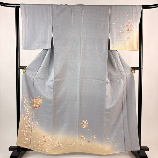 訪問服 身長161.5cm 袖長64cm M 雙層 幾帳 櫻花 染分 灰色 純蠶絲 秀品級