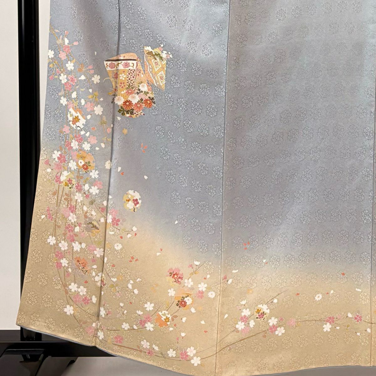 訪問服 身長161.5cm 袖長64cm M 雙層 幾帳 櫻花 染分 灰色 純蠶絲 秀品級