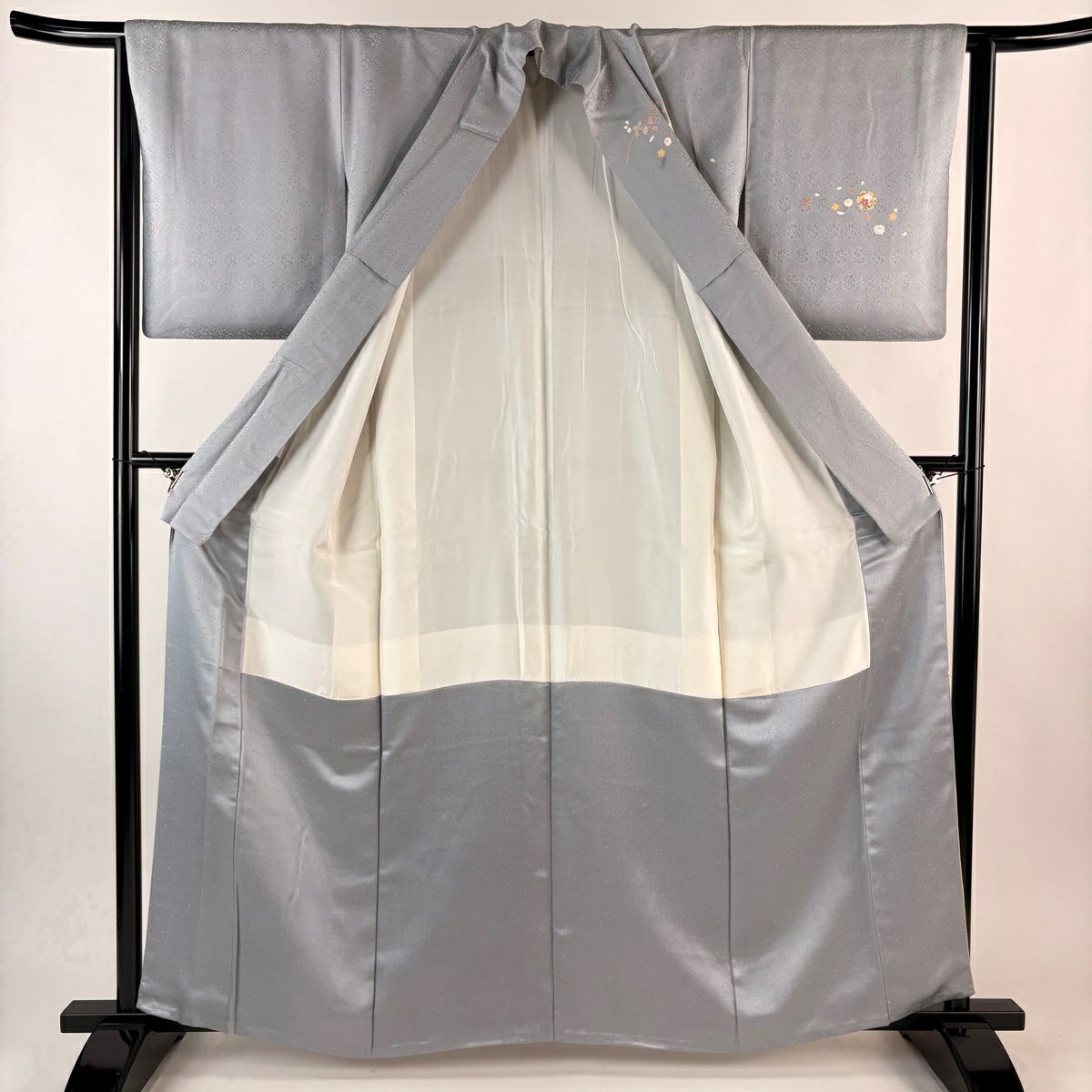 訪問服 身長161.5cm 袖長64cm M 雙層 幾帳 櫻花 染分 灰色 純蠶絲 秀品級
