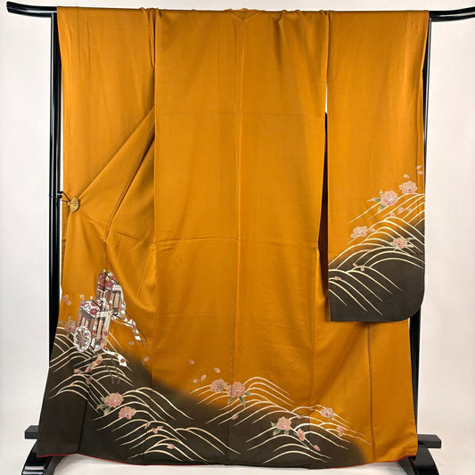 振袖禮服 身長168cm 袖長68cm L 雙層 御所車 波 金銀彩 染分 山吹茶 純蠶絲 秀品級