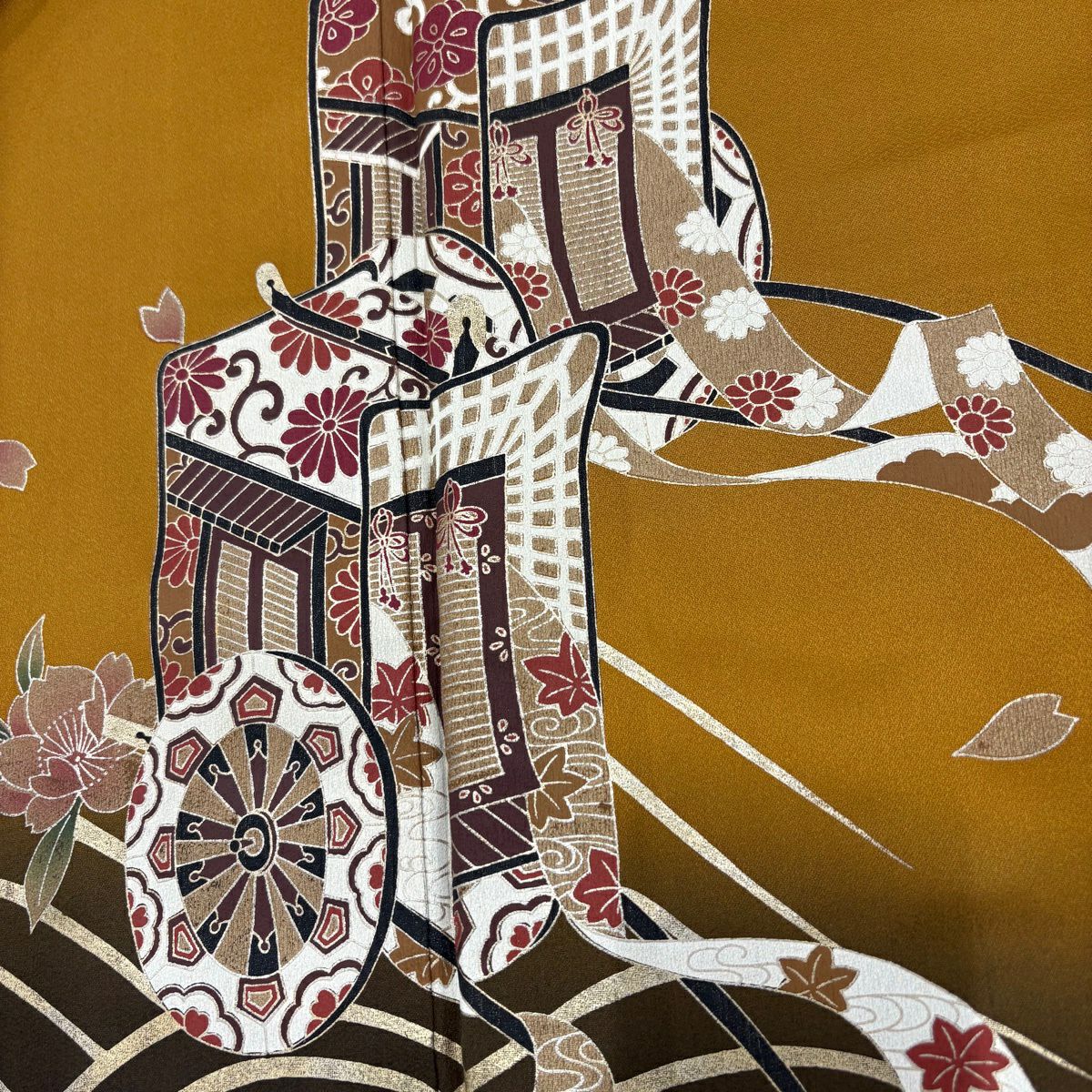 振袖禮服 身長168cm 袖長68cm L 雙層 御所車 波 金銀彩 染分 山吹茶 純蠶絲 秀品級