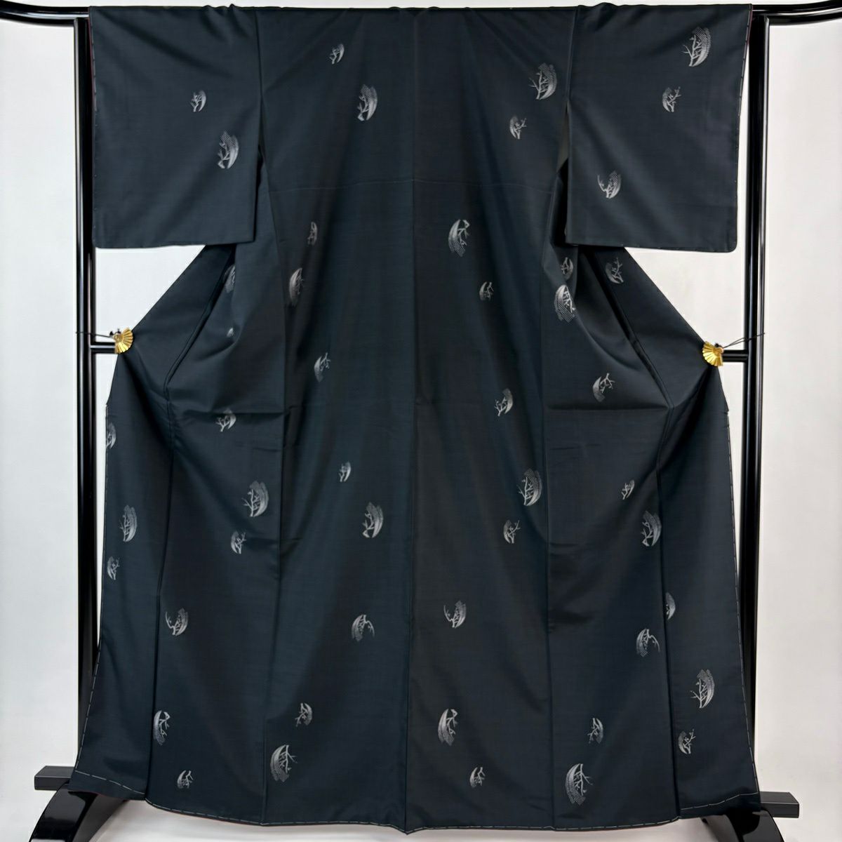 【美品】 紬織 身長165cm 袖長64.5cm M 雙層 枝葉 幾何學圖案 墨色 純蠶絲 秀品級