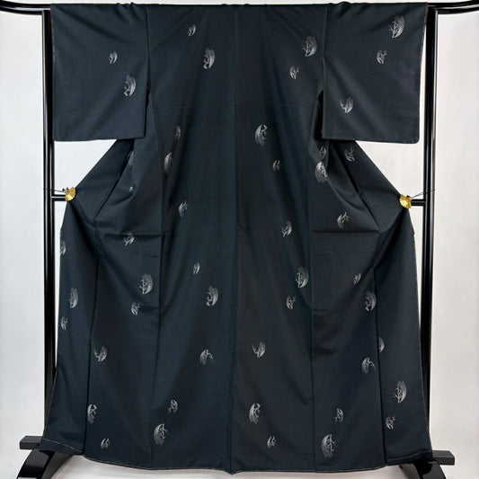 【美品】 紬織 身長165cm 袖長64.5cm M 雙層 枝葉 幾何學圖案 墨色 純蠶絲 秀品級