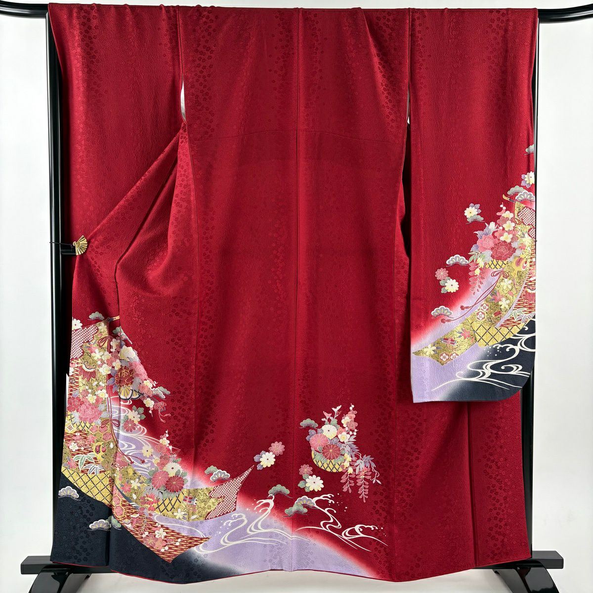 振袖禮服 身長160cm 袖長68cm L 雙層 花車 幾帳 金絲 金銀彩 紅 純蠶絲 秀品級