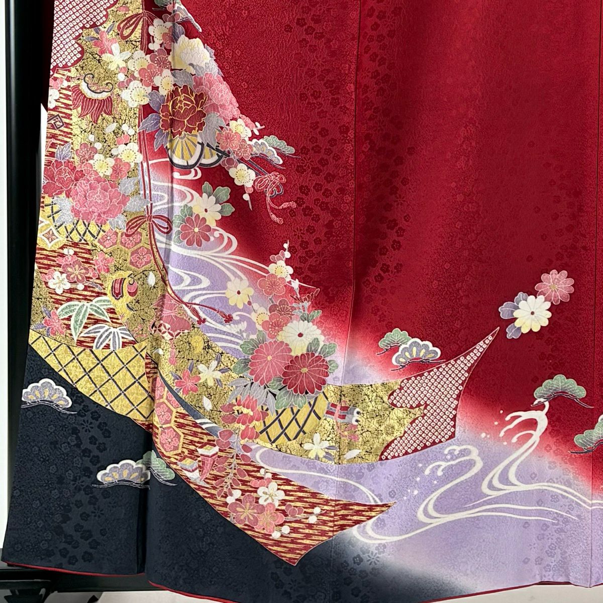 振袖禮服 身長160cm 袖長68cm L 雙層 花車 幾帳 金絲 金銀彩 紅 純蠶絲 秀品級