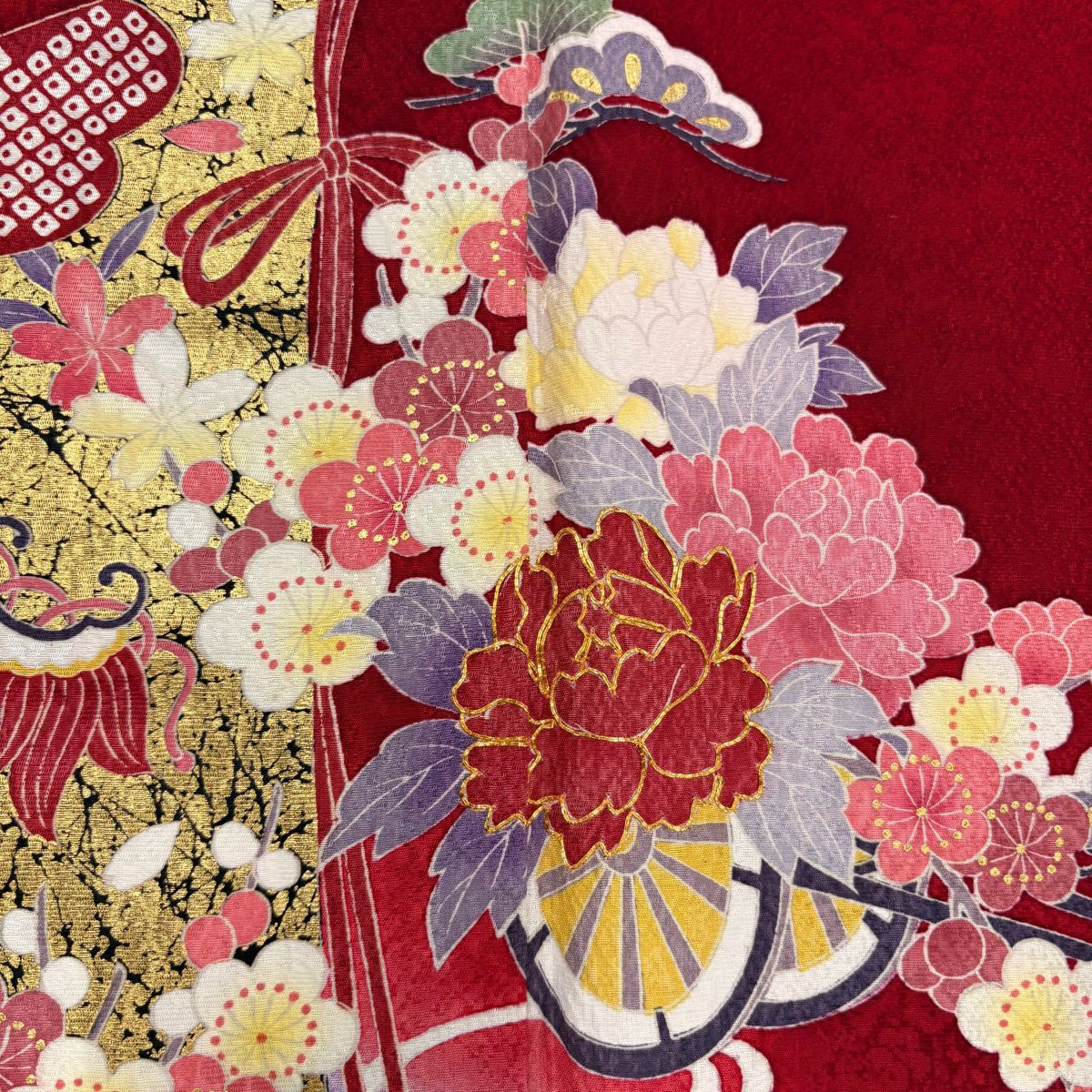 振袖禮服 身長160cm 袖長68cm L 雙層 花車 幾帳 金絲 金銀彩 紅 純蠶絲 秀品級