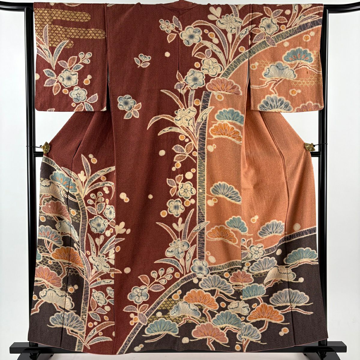 訪問服 身長158cm 袖長64cm M 雙層 松樹 草花紋紋 金彩裝飾 絞染 紅茶 純蠶絲 秀品級