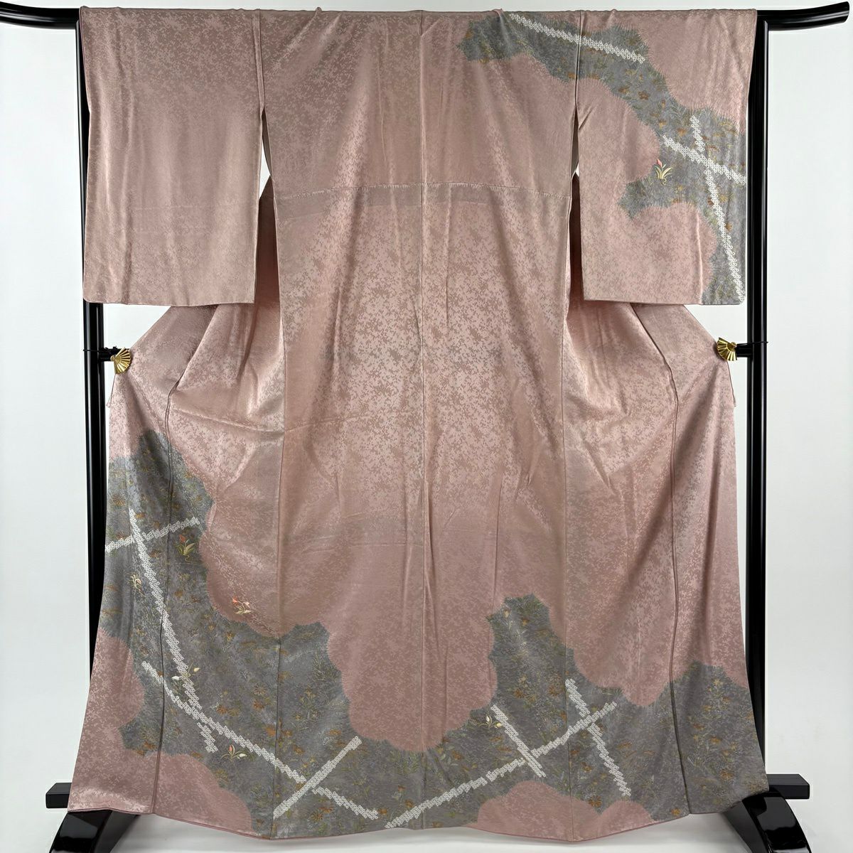 【美品】訪問服 身長163cm 袖長67cm M 雙層 草花紋紋 雲文 金糸刺繡 薄小豆 純蠶絲 秀品級
