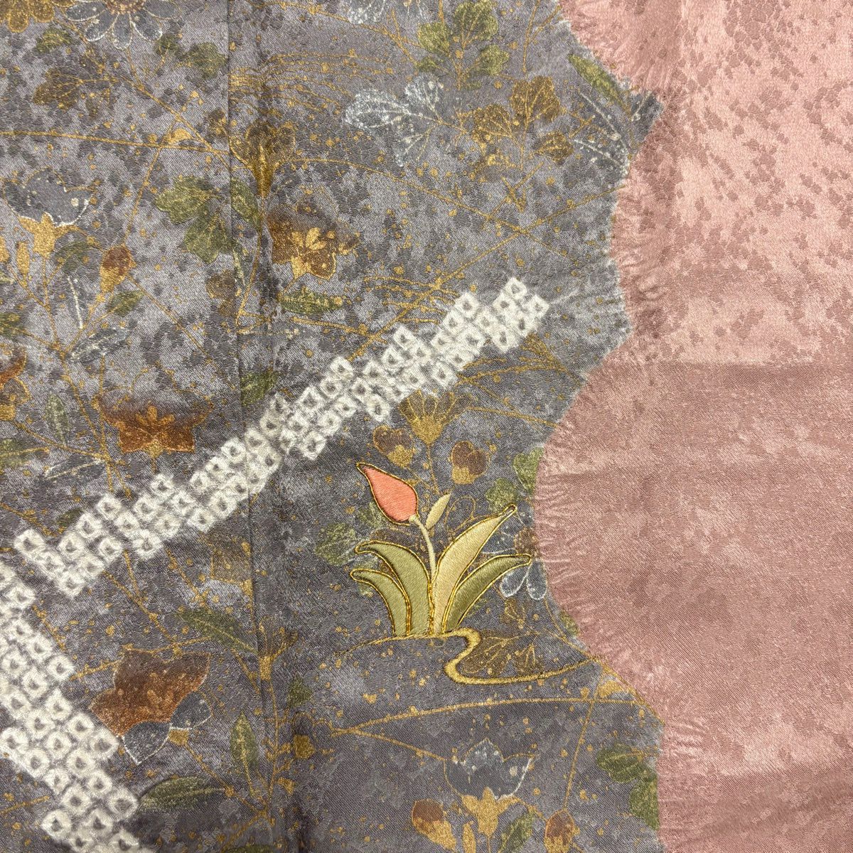 【美品】訪問服 身長163cm 袖長67cm M 雙層 草花紋紋 雲文 金糸刺繡 薄小豆 純蠶絲 秀品級