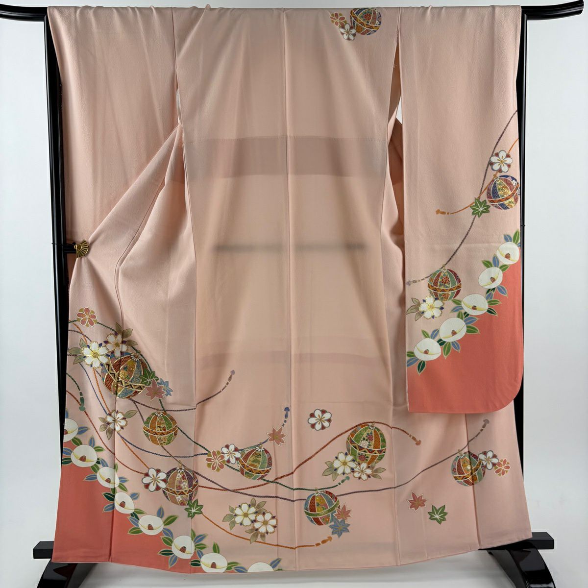 振袖禮服 身長164cm 袖長67cm M 雙層 櫻花 手毬 金絲 金銀彩 淺粉色 純蠶絲 優品級