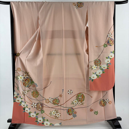 振袖禮服 身長164cm 袖長67cm M 雙層 櫻花 手毬 金絲 金銀彩 淺粉色 純蠶絲 優品級