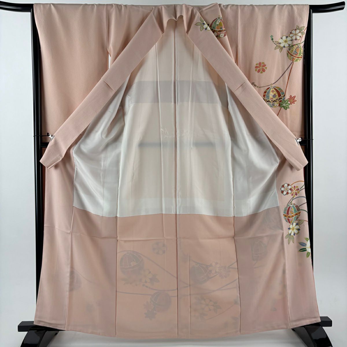 振袖禮服 身長164cm 袖長67cm M 雙層 櫻花 手毬 金絲 金銀彩 淺粉色 純蠶絲 優品級