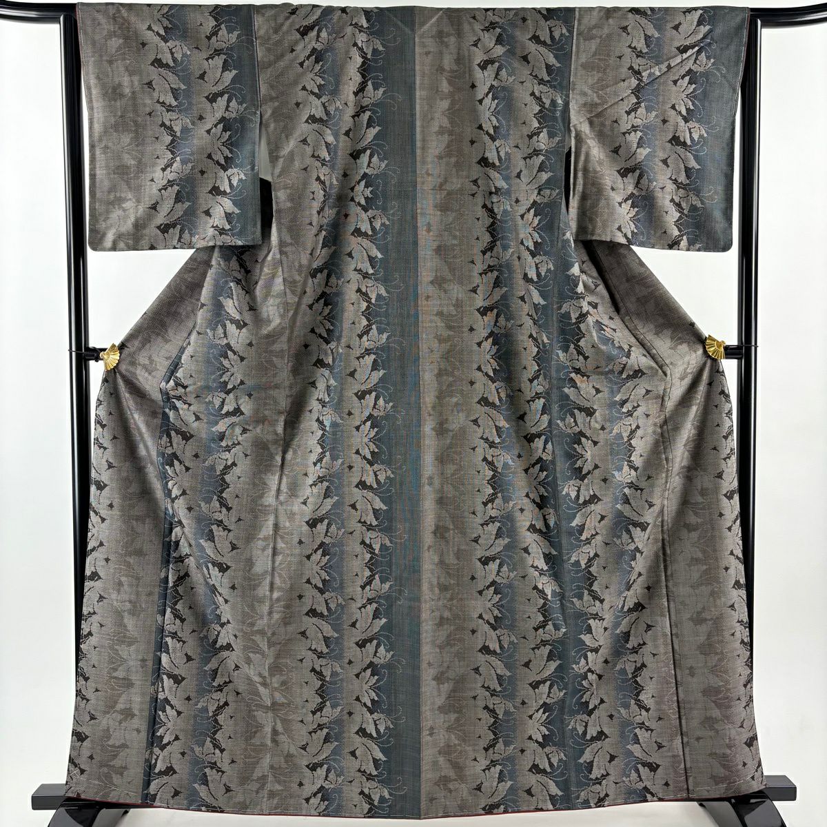 【美品】 紬織 身長163cm 袖長63.5cm S 雙層 葉柄 蝶 焦茶 純蠶絲 秀品級