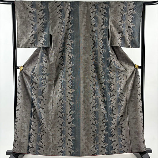 【美品】 紬織 身長163cm 袖長63.5cm S 雙層 葉柄 蝶 焦茶 純蠶絲 秀品級